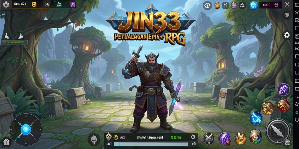 Screenshot gameplay JIN33 menampilkan pertarungan epik karakter RPG.
