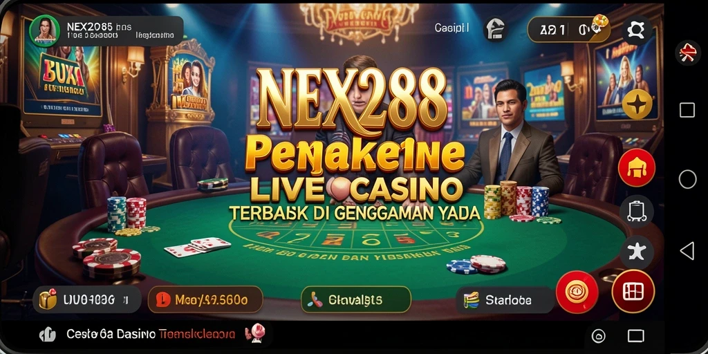 Tangkapan layar gameplay NEX288 menampilkan dealer langsung dan suasana kasino yang menegangkan.