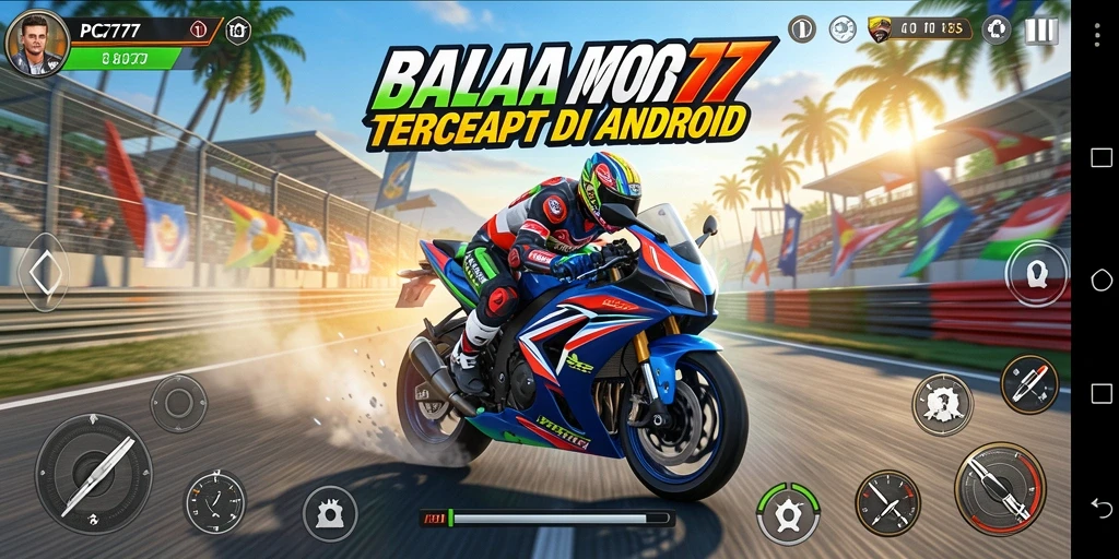 Screenshot PC777 menampilkan aksi balapan motor yang intens dan mendebarkan.