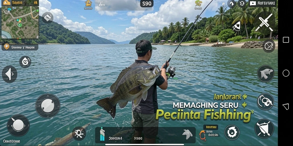 Screenshot utama S80 menunjukkan pemain menangkap ikan di laut yang indah.