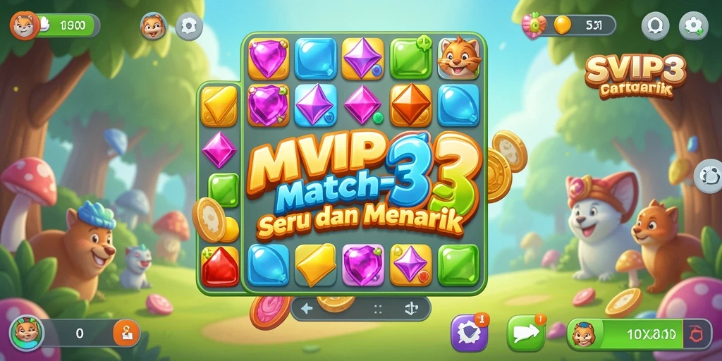 Tampilan gameplay SVIP3 dengan batu permata berwarna-warni dan efek menarik.